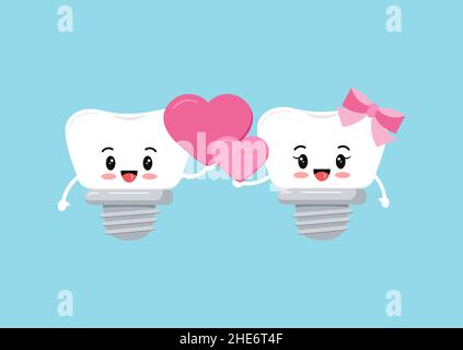 Dente impianto dentale coppia in amore con i cuori. Illustrazione Vettoriale