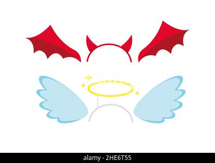 Diavolo e angelo fascia e ali costume attributi icona set isolato su sfondo bianco. Illustrazione Vettoriale