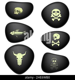 Black Leather Piracy Patches Set isolato su sfondo bianco. Eyepatch per un pirata Eyed Illustrazione Vettoriale