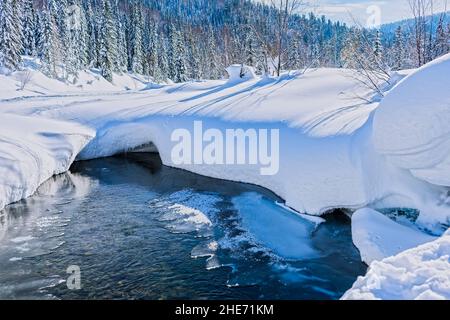 L'acqua naturale pura scorre attraverso la neve e il ghiaccio nel profondo della foresta Foto Stock