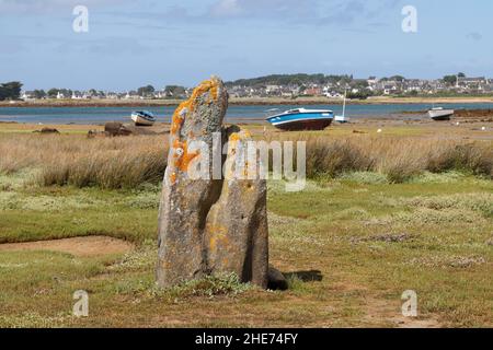 Menhir di Toeno - monumento megalitico - menhir solitario sulla costa a Trebeurden in Bretagna, Francia Foto Stock