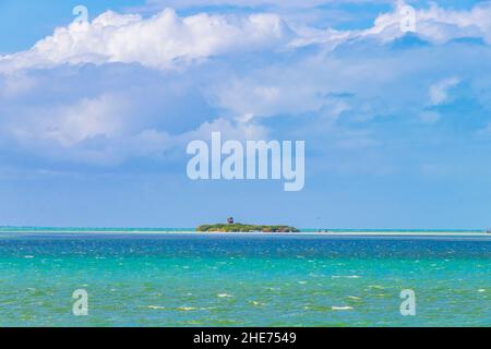 Panorama paesaggio vista sulla splendida isola di Holbox e Isla de la Pasión con natura foresta naturale sabbiera e acque turchesi in Quintana Roo Mexic Foto Stock