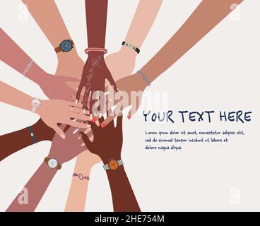 Gruppo di mani in cima l'uno all'altro in un cerchio di diverse multi-etniche e multiculturali people.Community team concept.people di diversa cultura Illustrazione Vettoriale