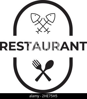 Il logo del ristorante Fish Food con il disegno del simbolo dell'osso del pesce Illustrazione Vettoriale
