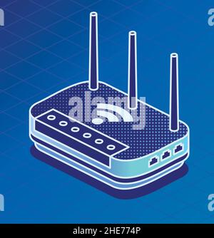 Router di rete isometrico. Illustrazione vettoriale. Router wireless Wi-Fi outline con antenne su sfondo blu. Illustrazione Vettoriale