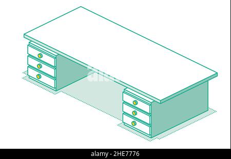 Tavolo da ufficio con cassetti. Scrivania vuota. Concetto isometrico. Illustrazione vettoriale. Singolo oggetto isolato su sfondo bianco. Tavolo moderno. Stile contorno Illustrazione Vettoriale