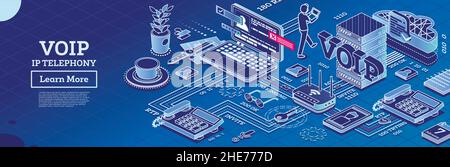 SERVIZI di telefonia IP VOIP. Concetto di contorno isometrico. Schema di configurazione del sistema. Telefono IP, router e notebook. Dispositivi con supporto IP. Illustrazione Vettoriale