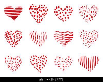 Set di doodles disegno a mano del cuore, schizzi di colore rosso, vettore Illustrazione Vettoriale