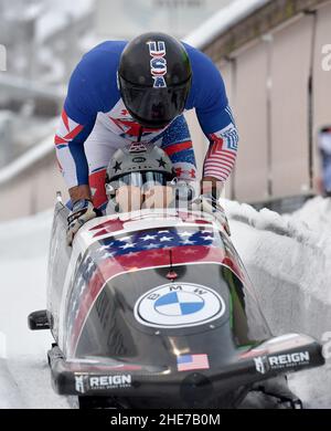 Winterberg, Germania. 09th Jan 2022. Bob: Coppa del mondo, bob a quattro uomini, uomini, 2nd corse. Il pilota Hunter Church con Joshua Williamson, Kristopher Horn e Charles Volker dagli Stati Uniti finisce terzo. Credit: Caroline Seidel/dpa/Alamy Live News Foto Stock