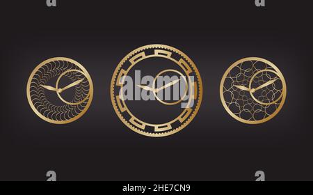 set di icone vettoriali, orologio astratto oro su sfondo nero Illustrazione Vettoriale