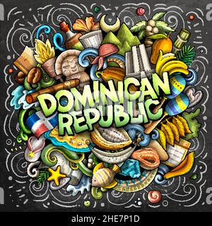 Repubblica Dominicana disegno a mano cartoon doodle illustrazione. Divertente Chalkboard Dominicanian design. Sfondo vettoriale creativo. Testo scritto a mano con NOR Illustrazione Vettoriale