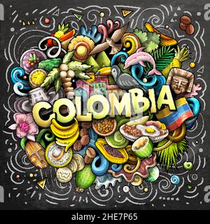 Colombia disegno a mano cartoon Doodle illustrazione. Divertente design colombiano. Sfondo vettoriale creativo. Testo scritto a mano con elementi latino-americani e. Illustrazione Vettoriale