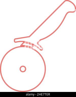 Taglierina per pizza al neon ot coltello per pizza rosso immagine vettoriale di forma piatta luce Illustrazione Vettoriale