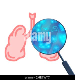 Un sacco di batterie e virus nei polmoni umani sotto lente di ingrandimento su bianco Illustrazione Vettoriale