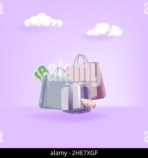 Banner per lo shopping online con 3D regali realistici e borse regalo per San Valentino, anno nuovo, e altre vacanze isolate su sfondo viola. Illustrazione Vettoriale
