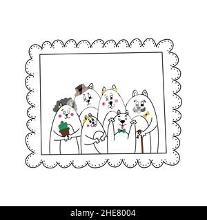 Bel ritratto di famiglia carino di gatti. Foto di famiglia antica sparare. Illustrazione con animali per libro per bambini, colorazione, poster. Gatti fumetti Illustrazione Vettoriale