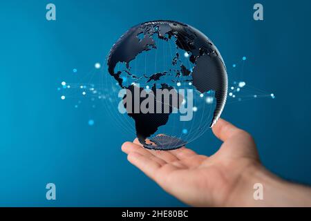 Mano che tiene una terra digitale 3D, concetto di energia rinnovabile Earth Day o protezione dell'ambiente Foto Stock