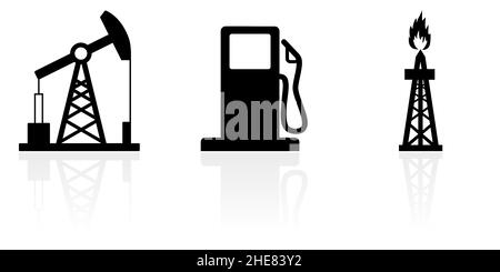 Web e internet Energy Industry concetto vettore icona set, pompa olio, stazione di gas, perforazione simboli isolati su sfondo bianco con riflessione Illustrazione Vettoriale