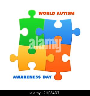 Giornata mondiale dell'autismo. Poster di consapevolezza con colorato logo autistico puzzle. Cura della medicina e l'infanzia sostegno concetto, amore e accettare banner vettoriale Illustrazione Vettoriale