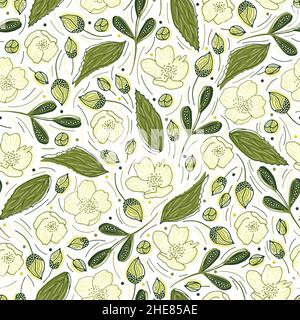 Modello senza cuciture con fiori, foglie e germogli di gelsomino su sfondo trasparente. Illustrazione Vettoriale