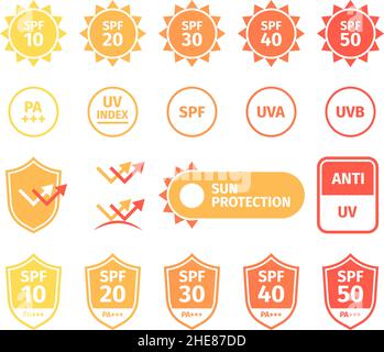 UV sulla pelle. Icona tecnica per liquido da uv protezione della pelle riflessione idratante Q10 antiossidante crema garish vettore simboli template Illustrazione Vettoriale