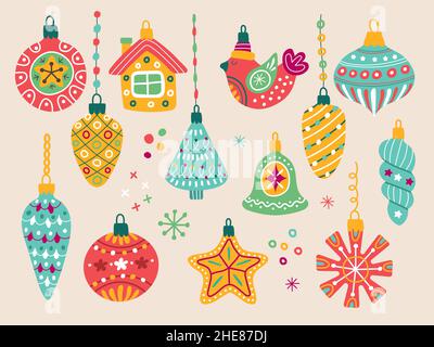 Giocattoli albero di Natale. Xmas vacanze simboli bolle fiocchi di neve immagini per scrapbook ornamento campane nutcracker recente vettore doodles colorato Illustrazione Vettoriale