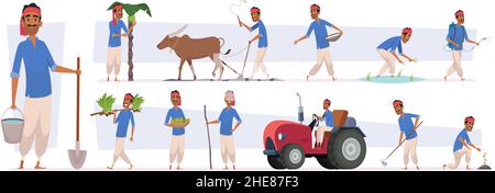 Agricoltore indiano. Villaggio rurale personaggio lavoratore in natura vettore esatto indian persone raccolta in stile cartoon Illustrazione Vettoriale