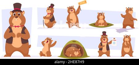 Groundhog. Cute animali selvatici giorno del ciclo di tempo groundhogs illustrazioni in stile cartoon esatto vettore immagini set Illustrazione Vettoriale