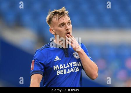 Cardiff, Regno Unito. 09th Jan 2022. Isaak Davies #39 di Cardiff City durante la partita a Cardiff, Regno Unito, il 1/9/2022. (Foto di Mike Jones/News Images/Sipa USA) Credit: Sipa USA/Alamy Live News Foto Stock