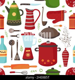 Modello cucina. Fondo di cottura, tazza moderna e piatto. Utensili in ceramica, eleganti stoviglie. Teiera, vaso con ramo floreale, strumenti di classe vettore Illustrazione Vettoriale