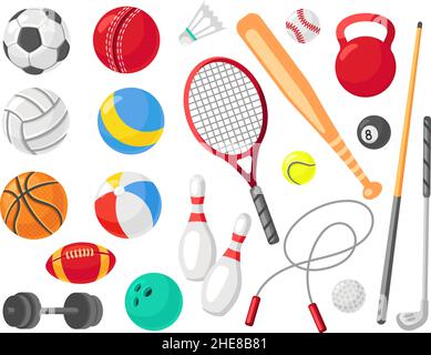 Attrezzature sportive cartoon. Palline diverse, attrezzi da gioco piatti. Elementi isolati della palestra, icone di competizione e formazione. Pallone da calcio, racket, baseball Illustrazione Vettoriale