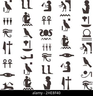 Geroglifici egiziani neri. Geroglifo dell'antico egitto, lettere vettoriali modello. Illustrazione di simboli antichi, nero, storia dei segni geroglifici, cultura del faraone Illustrazione Vettoriale