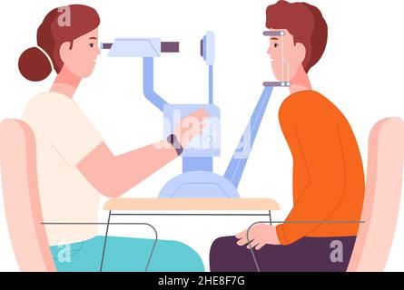 Controllare gli occhi dell'optometro. Esame oculistico oftalmologico, correzione della vista, intervento oftalmologico, vista ottica, oculistica medico oftalmica, illustrazione vettoriale. Optometristo e oftalmologia Illustrazione Vettoriale