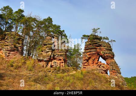 Lo Schwalbenfelsen è una vista straordinaria nel Dahner Felsenland Foto Stock