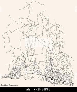 Navigazione dettagliata linee nere strade urbane mappa del quartiere ÅSSIDEN COMUNE della capitale regionale norvegese di Drammen, Norvegia Illustrazione Vettoriale