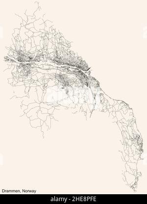Navigazione dettagliata linee nere strade urbane mappa della capitale regionale norvegese DI DRAMMEN, NORVEGIA su sfondo beige vintage Illustrazione Vettoriale