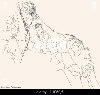 Navigazione dettagliata linee nere strade urbane mappa del quartiere ÅSKOLLEN COMUNE della capitale regionale norvegese di Drammen, Norvegia Illustrazione Vettoriale