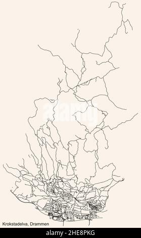 Navigazione dettagliata linee nere strade urbane mappa del quartiere KROKSTADELVA COMUNE della capitale regionale norvegese di Drammen, No Illustrazione Vettoriale