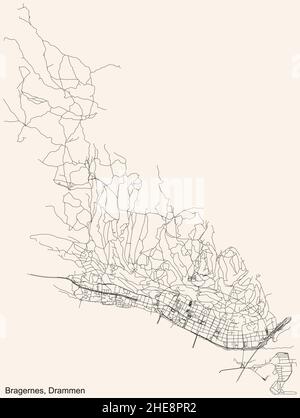 Navigazione dettagliata linee nere strade urbane mappa del quartiere BRAGERNES COMUNE della capitale regionale norvegese di Drammen, Norwa Illustrazione Vettoriale
