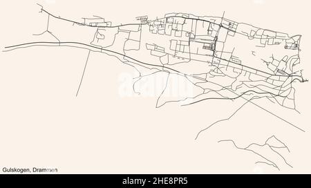 Navigazione dettagliata linee nere strade urbane mappa del quartiere GULSKOGEN COMUNE della capitale regionale norvegese di Drammen, Norwa Illustrazione Vettoriale