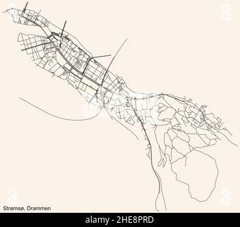 Navigazione dettagliata linee nere strade urbane mappa del quartiere STRØMSØ COMUNE della capitale regionale norvegese di Drammen, Norvegia Illustrazione Vettoriale