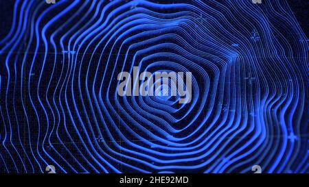 Trama ondulata astratta di anelli blu luminosi su sfondo nero, loop senza cuciture. Molti cerchi di blu scuro e di diverse dimensioni vibrano e girano. Foto Stock