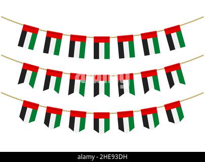 bandiera degli emirati arabi Uniti sulle corde su sfondo bianco. Insieme di bandiere patriottiche. Bunting decorazione della bandiera araba unita Illustrazione Vettoriale