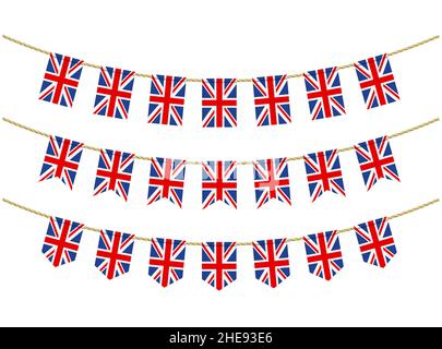 Bandiera del Regno Unito sulle corde su sfondo bianco. Insieme di bandiere patriottiche. Bunting decorazione della bandiera del Regno Unito Illustrazione Vettoriale