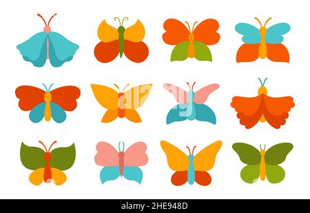 Butterfly esotico semplice trend set piatto. Elegante collezione di farfalle moderne e di falene isolate. Ali di insetti tropicali stilizzate astratte. Fauna selvatica simbolo dei bambini, elementi decorativi di disegno vettore Illustrazione Vettoriale