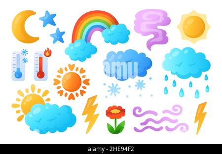 Gradiente cartoon meteo impostato. Sole e nuvole, pioggia o neve, fulmini, luna e stella, termometro. Segno infografico meteorologico del clima disegnato a mano. Divertente collezione di meteo natura infantile Illustrazione Vettoriale