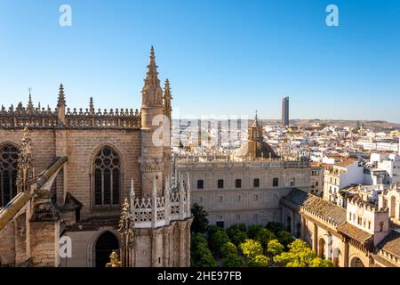 Vista dalla Torre Giralda sul cortile della Cattedrale di Siviglia con vista sulla città e sullo Skyscraper della Torre di Siviglia. Foto Stock