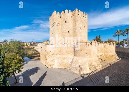 La Torre Moresca di Calahorra, il Ponte Romano e la Cattedrale Mezquita lungo il fiume Guadalquivir a Cordoba, Spagna. Foto Stock