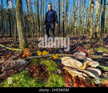 Drebkau, Germania. 06th Jan 2022. Lutz Helbig, consulente di funghi, mostra una piccola selezione di veri funghi invernali in una foresta di Lusatia. Si possono vedere i funghi di ostrica (anteriore sinistra e destra), i solchi comuni di velluto-piedi (sinistra, seconda fila), l'orecchio di Giuda (centrale, anteriore nel muschio) e il giallo dorato tremante (M. sui rami). (A dpa 'Judasohr, Samtfußrübling und Co - im Winter lohnt die Pilzsuche') Credit: Patrick Pleul/dpa-Zentralbild/dpa/Alamy Live News Foto Stock