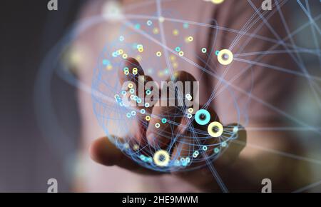 Messa a fuoco superficiale di una mano umana che punta sull'icona del globo interconnesso, concetto di interconnessioni globali Foto Stock